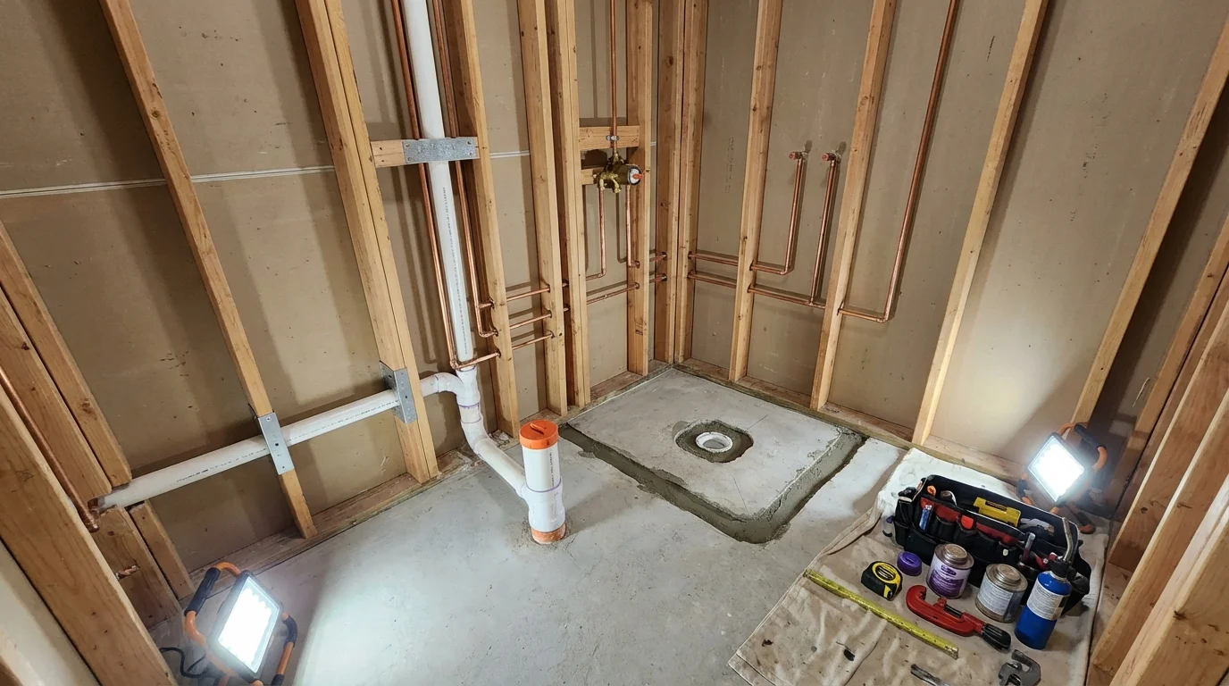 Bathroom rough-in plumbing during remodel by Johns Plumbing LLC in Lead