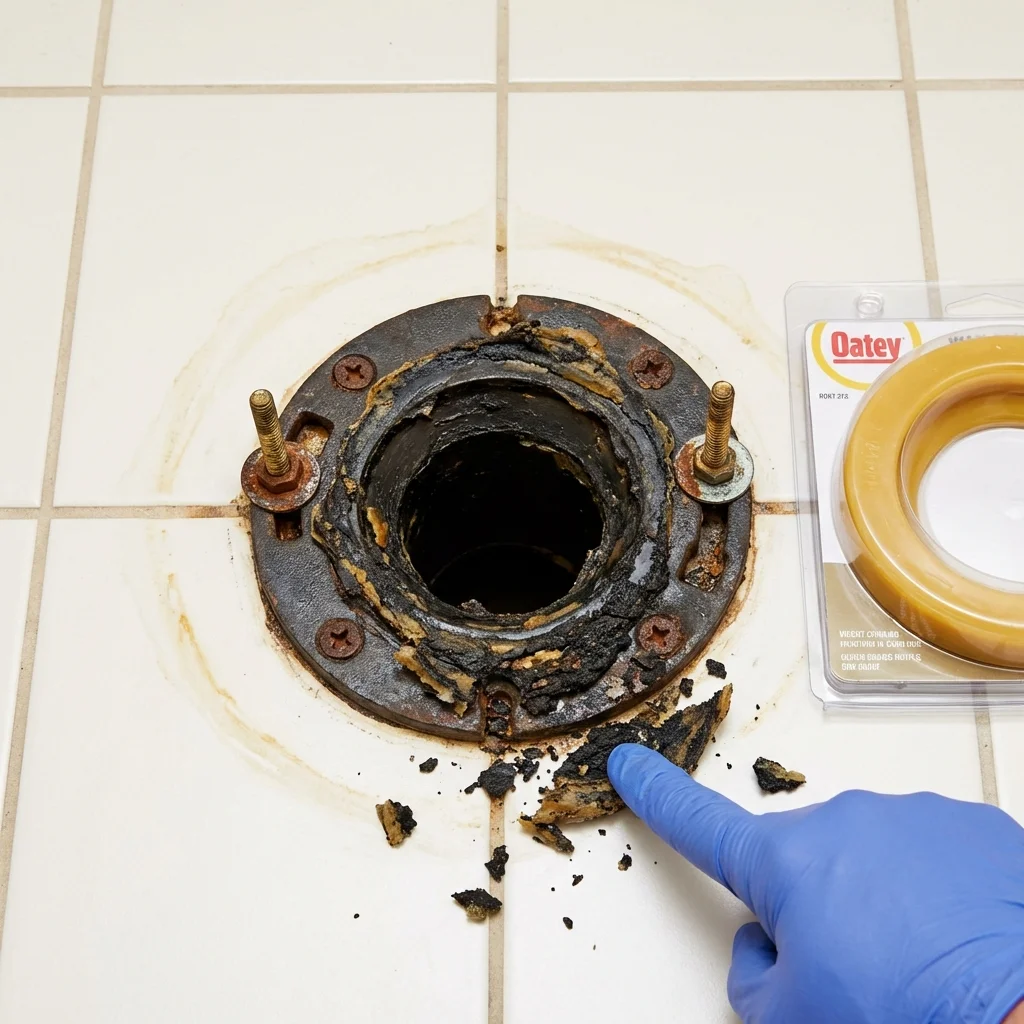 Failed wax ring showing water seepage at the base of a toilet in a Lead, SD home