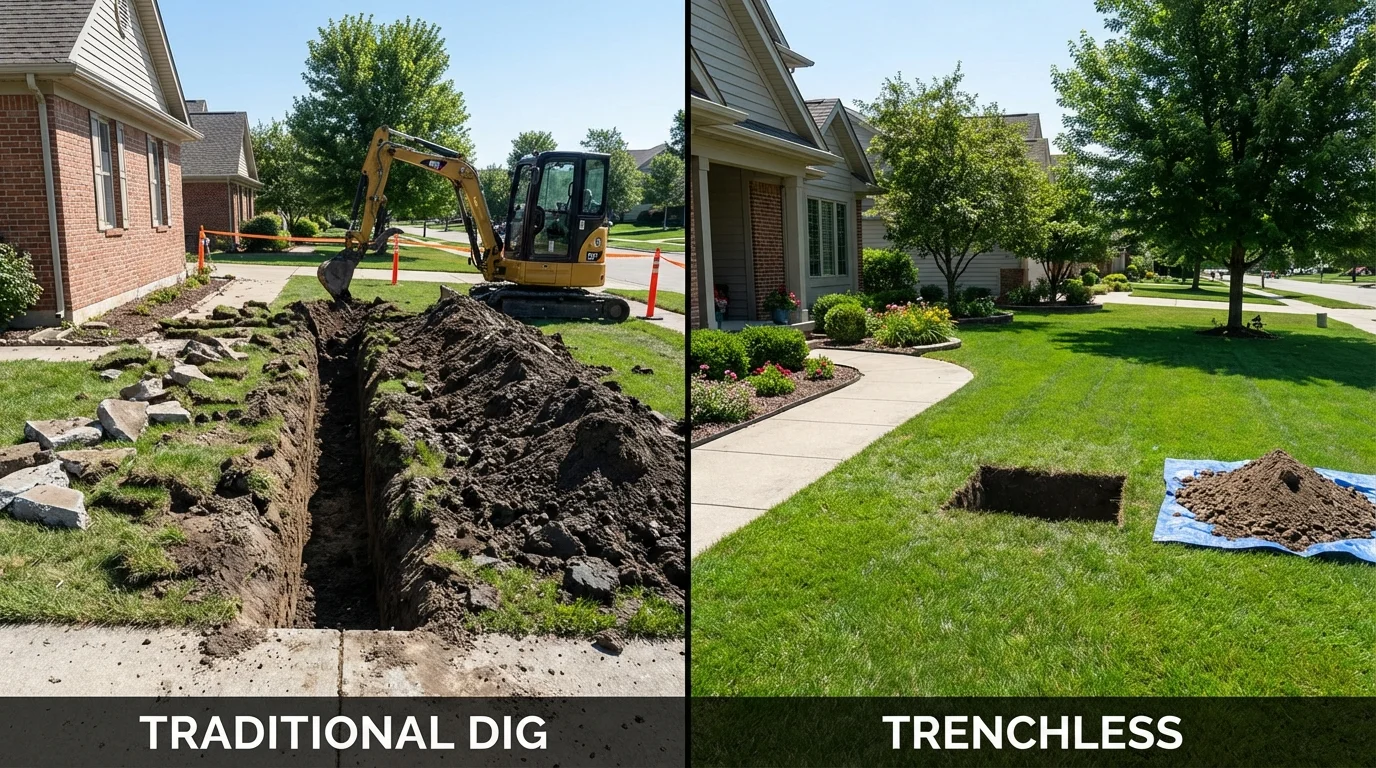 Trenchless sewer repair with minimal yard damage versus traditional excavation in Lead, SD