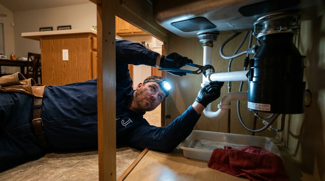 P-trap and supply line connections under a kitchen sink showing a common leak point in Lead, SD